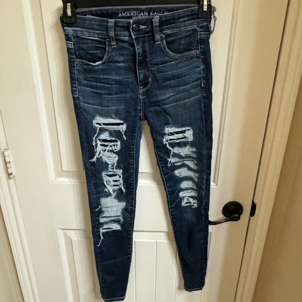 JEGGING | PATCHED RIPS | DARK BLUE | WORN | HIGH WAISTED